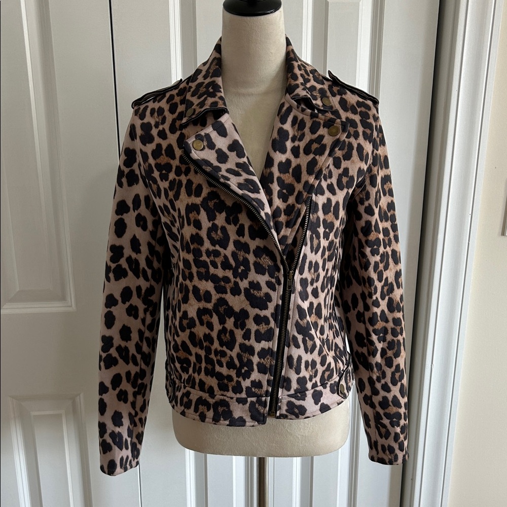Easel Brown & Black Vegan Faux Suede Leopard Print Moto Style Jacket Small